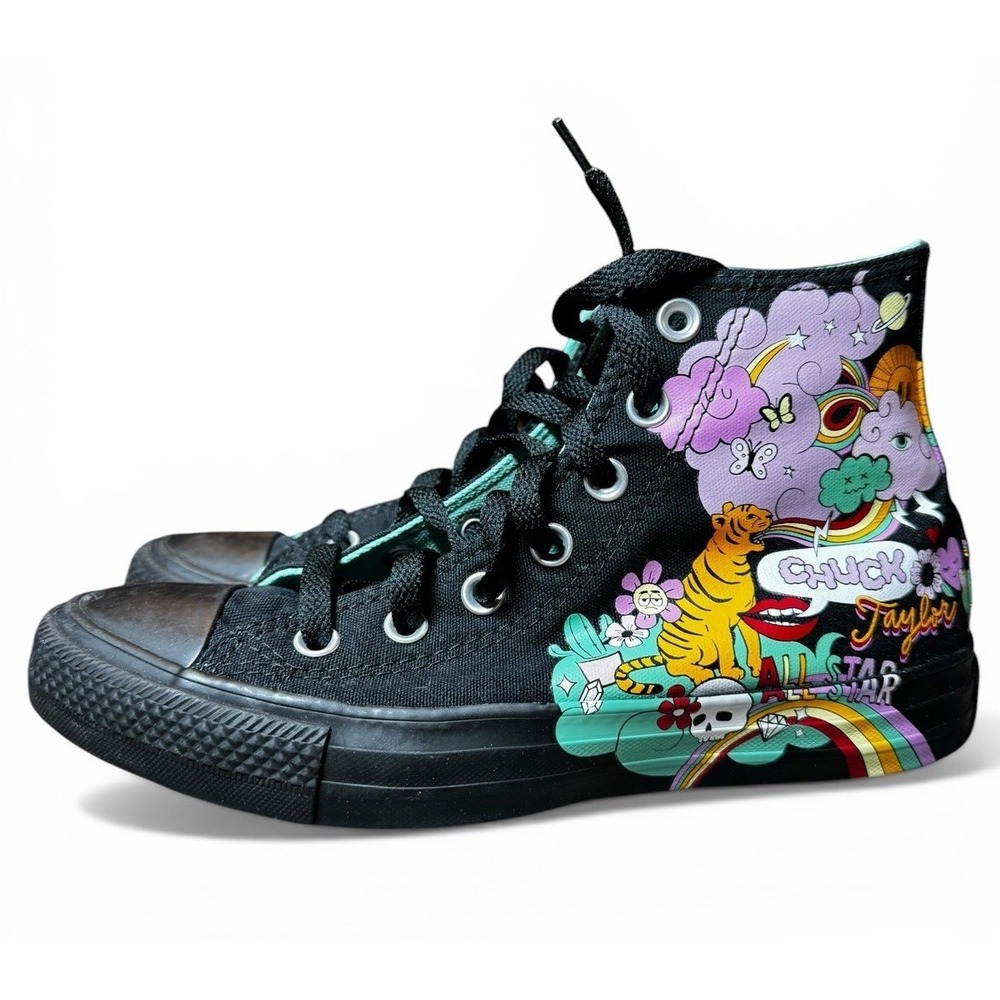 Converse Chuck Taylor All Star Hi Top Black Graphic Sneakers 8 Women - Picture 3 of 8
